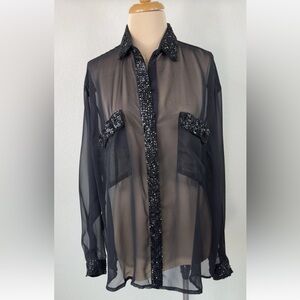 Vintage Fashion Fantasy Black Sheer Sequin Trim Oversized Blouse Top S M